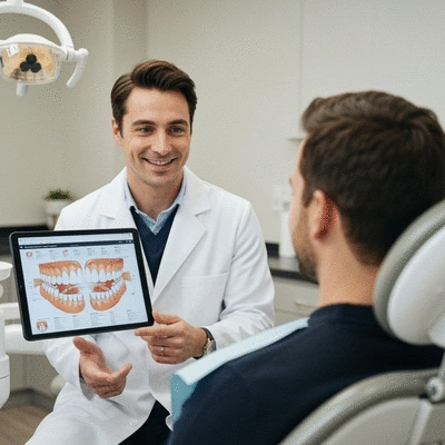 Dentist explaining oral health treatment plan to a patient with a digital tablet